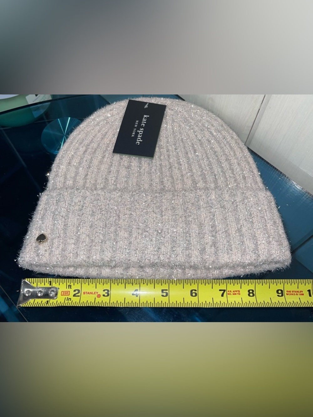 Kate Spade ♠️ Tinsel Knit Beanie in English Rose Winter Hat Pink Metallic NWT - Picture 7 of 8